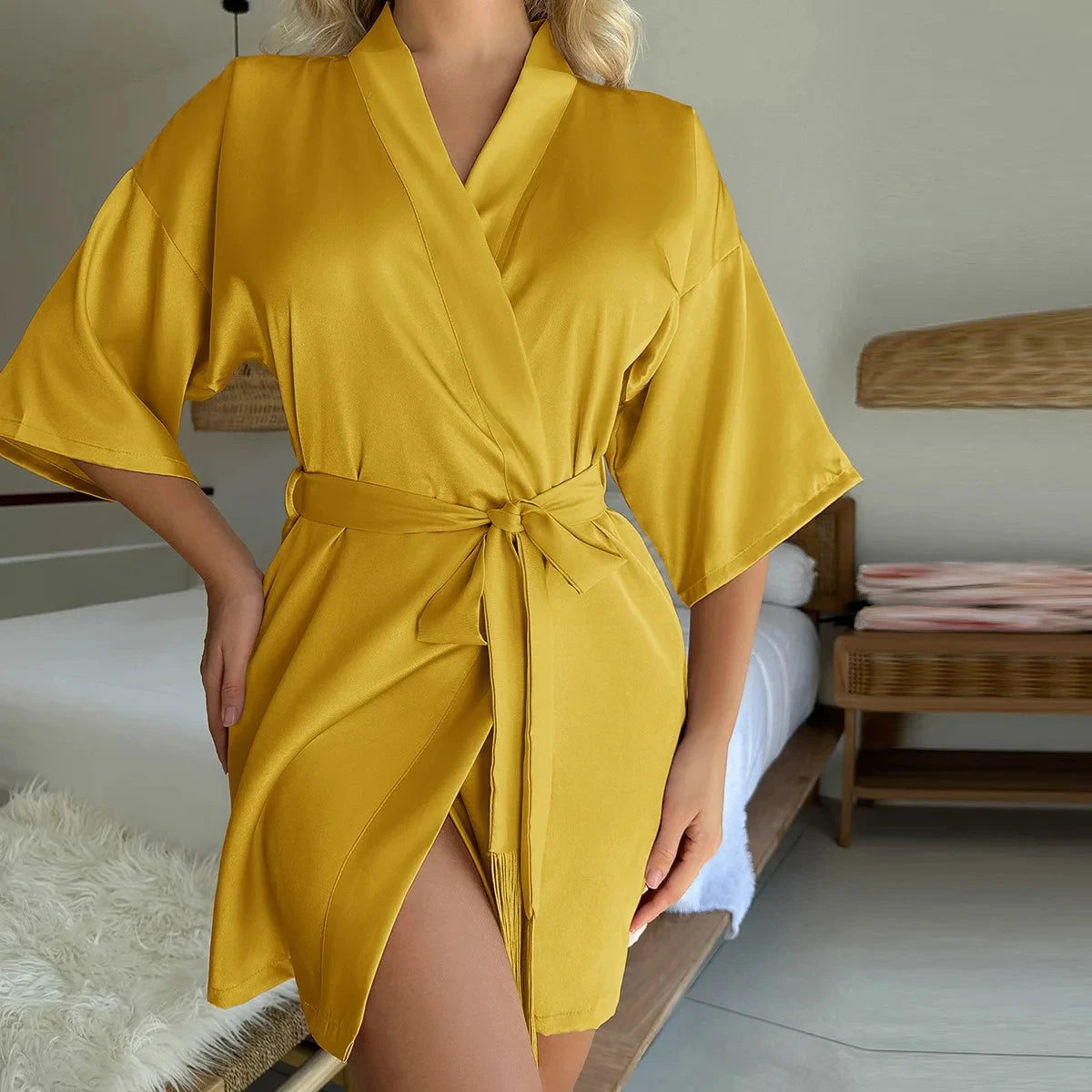 Women's Sexy Silk Satin Wrap Mini Dress - Elegent V - Neck