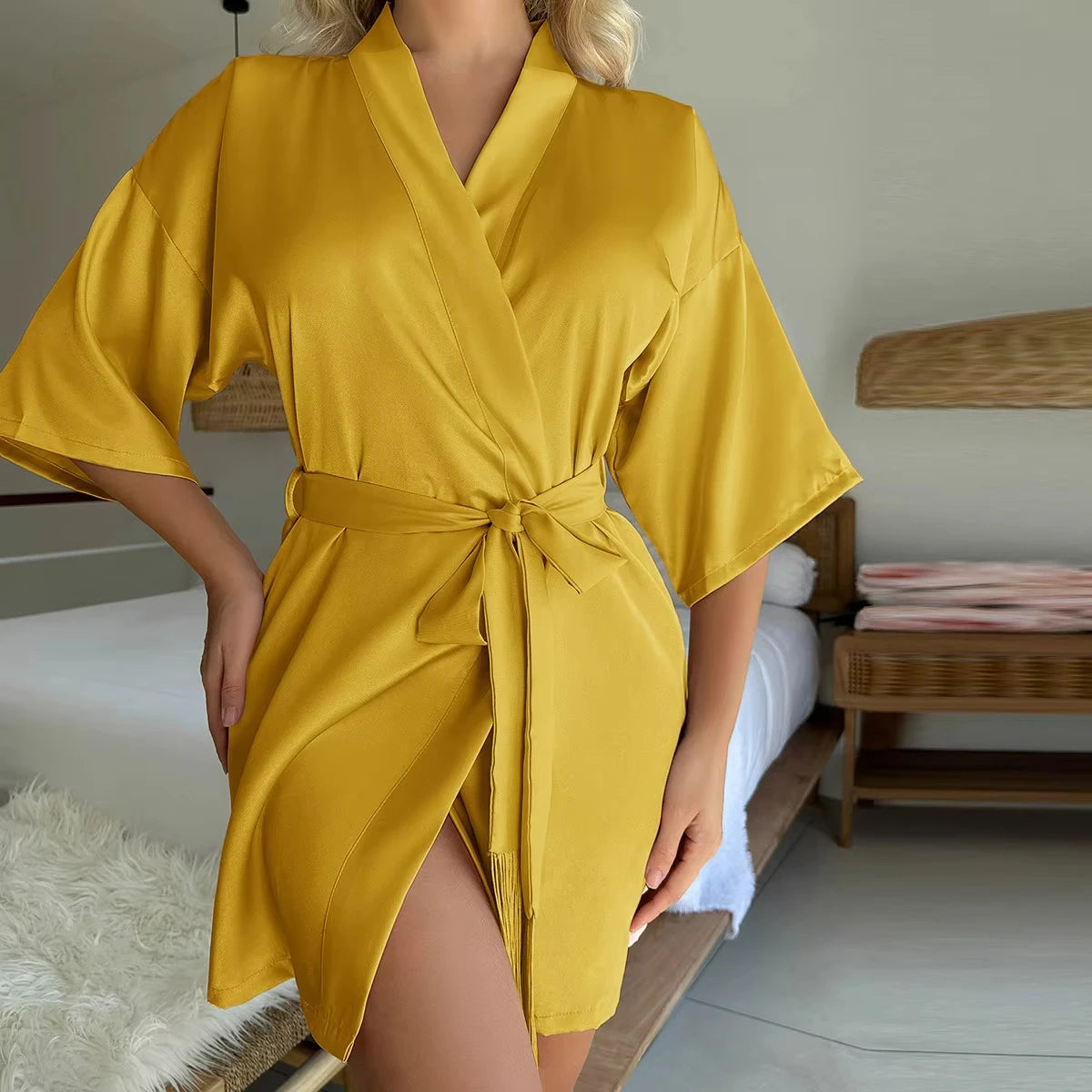 Women's Sexy Silk Satin Wrap Mini Dress - Elegent V - Neck